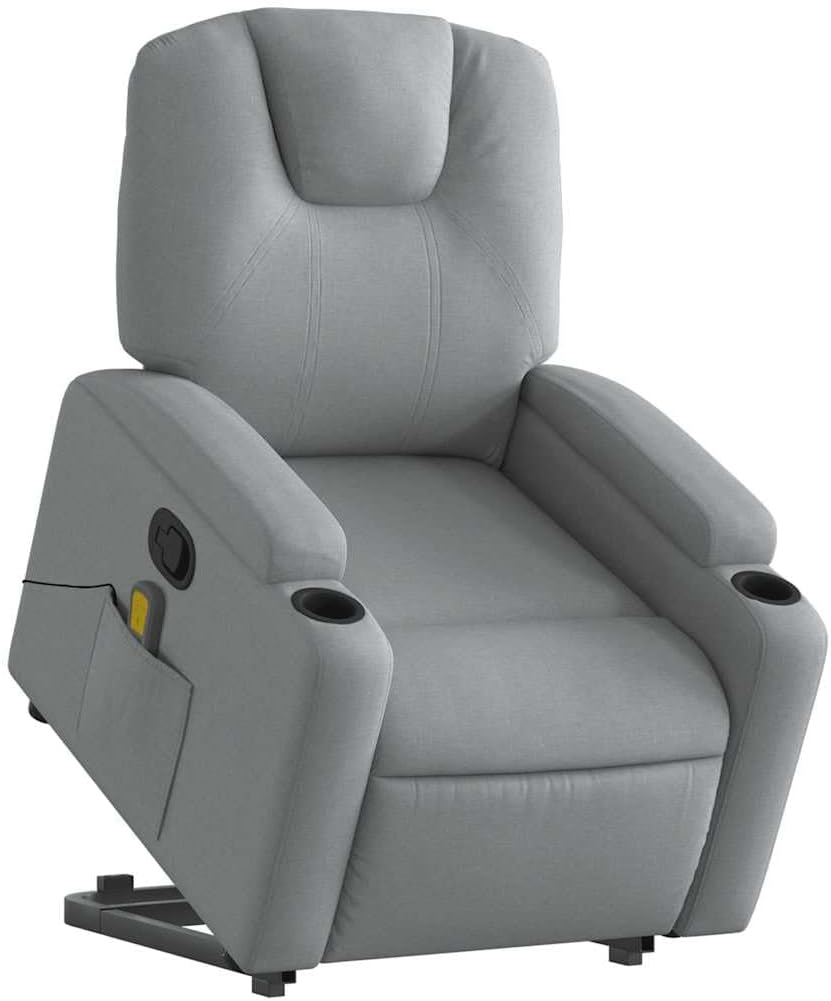 Fabric Stand Up Massage Recliner Chair - Power Lift, Manual Recline, Vibration Massage, Cup Holders, Light Gray