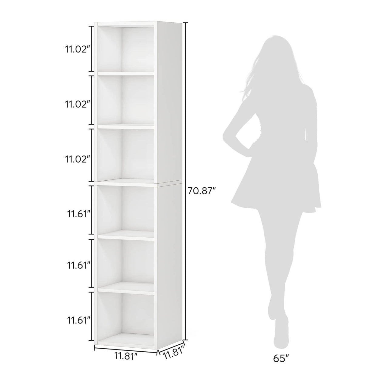LITTLE TREE 70.9 Inch Tall Narrow Bookcase, Corner Bookshelf 6 Tier Cube Display Shelf Storage Organizer for Small Space, White