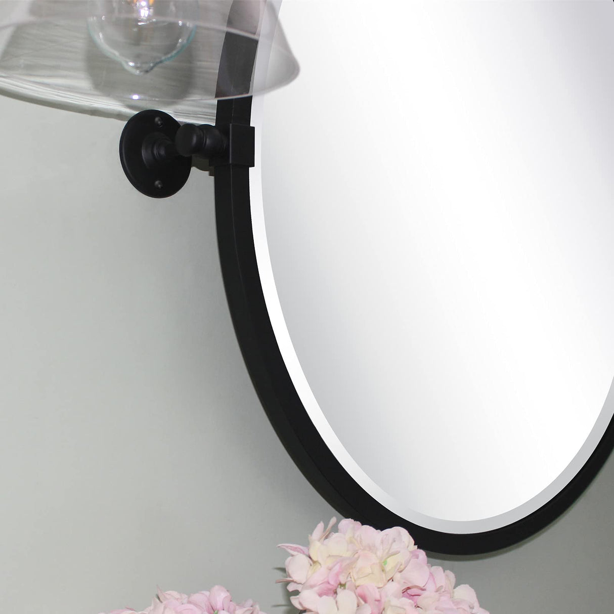 26'' Circle Pivot Bathroom Mirror in Matt Black Metal Frame Round Tilting Beveled Vanity Mirrors