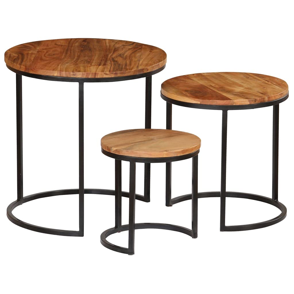 Solid Acacia Wood Coffee Table Set with Sheesham Finish - Fully Assembled 3-Piece