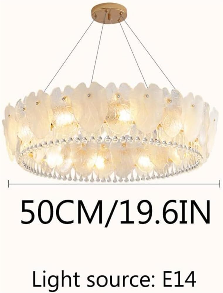 White Glass Leaf Round Ceiling Hanging Lamp Modern Crystal Raindrop Chandelier LED