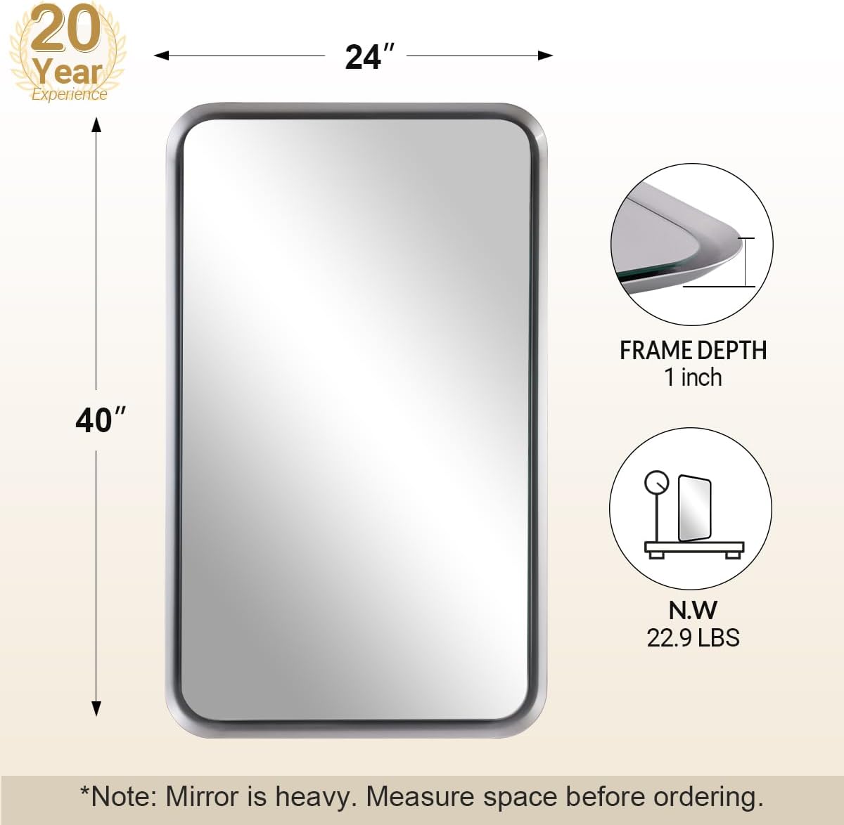 Silver Metal Bathroom Mirror, 24x40 Inch Rectangular Bathroom Sink Mirror,