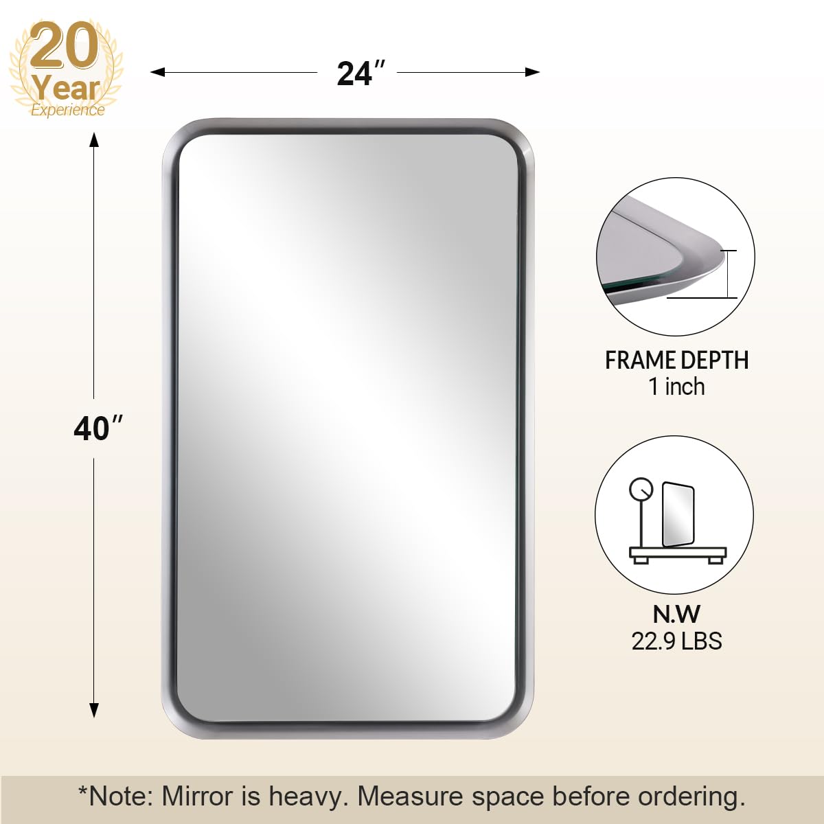 Silver Metal Bathroom Mirror, 24x40 Inch Rectangular Bathroom Sink Mirror,