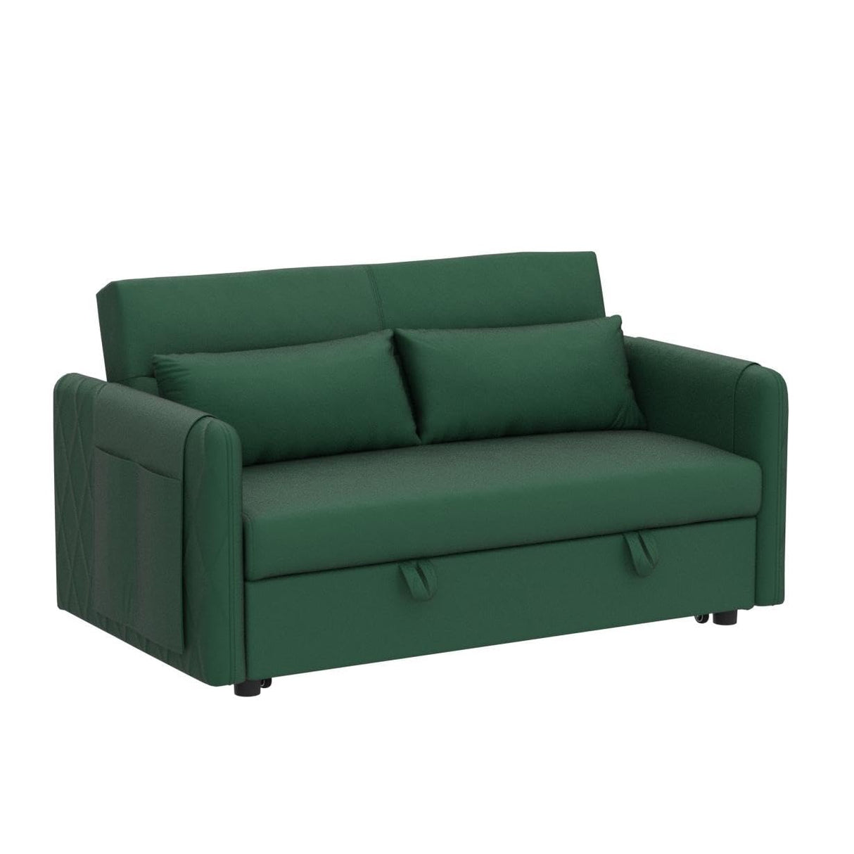 HomSof 55" Modern Convertible Sofa Bed with 2 Detachable Arm Pockets, Velvet Loveseat Sofa with Pull Out Bed, 2 Pillows and Living Room Adjustable Backrest, Grid Design Armrests, Green 4