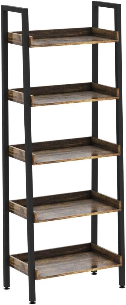 Ladder Shelf-5 Tier Bookshelves w/Open Shelf for Storage, Industrial Bookshelf & Tall Ladder Shelf-Metal Frame for Bedroom, Living Room, Kitchen-67.3'' H, Easy Assembly, Rustic Brown (HD021)