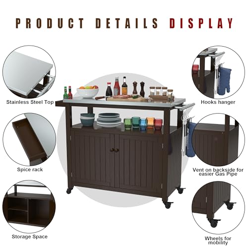 GDLF Outdoor Storage Cabinet Solid Wood Prep Grill Table with Stainless Steel Top Waterproof Cover Dark Brown