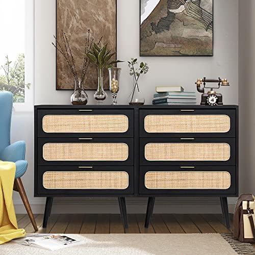 RARZOE 2 Sets of Rattan Nightstand Dresser Chest of 3 Drawers, Wood Storage Dresser Cabinet Organizer Unit for Bedroom Living Room Closet Office(Natural)