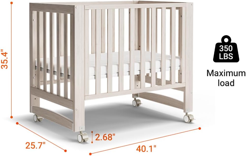 MAMAZING EvoNest Baby Crib, 6 in 1 Convertible Mini Crib with Wheels, 100% New Zealand Pinewood Growing Bed, 4 Adjustable Mattress Heights,Walnut Brown (Washed Natural)
