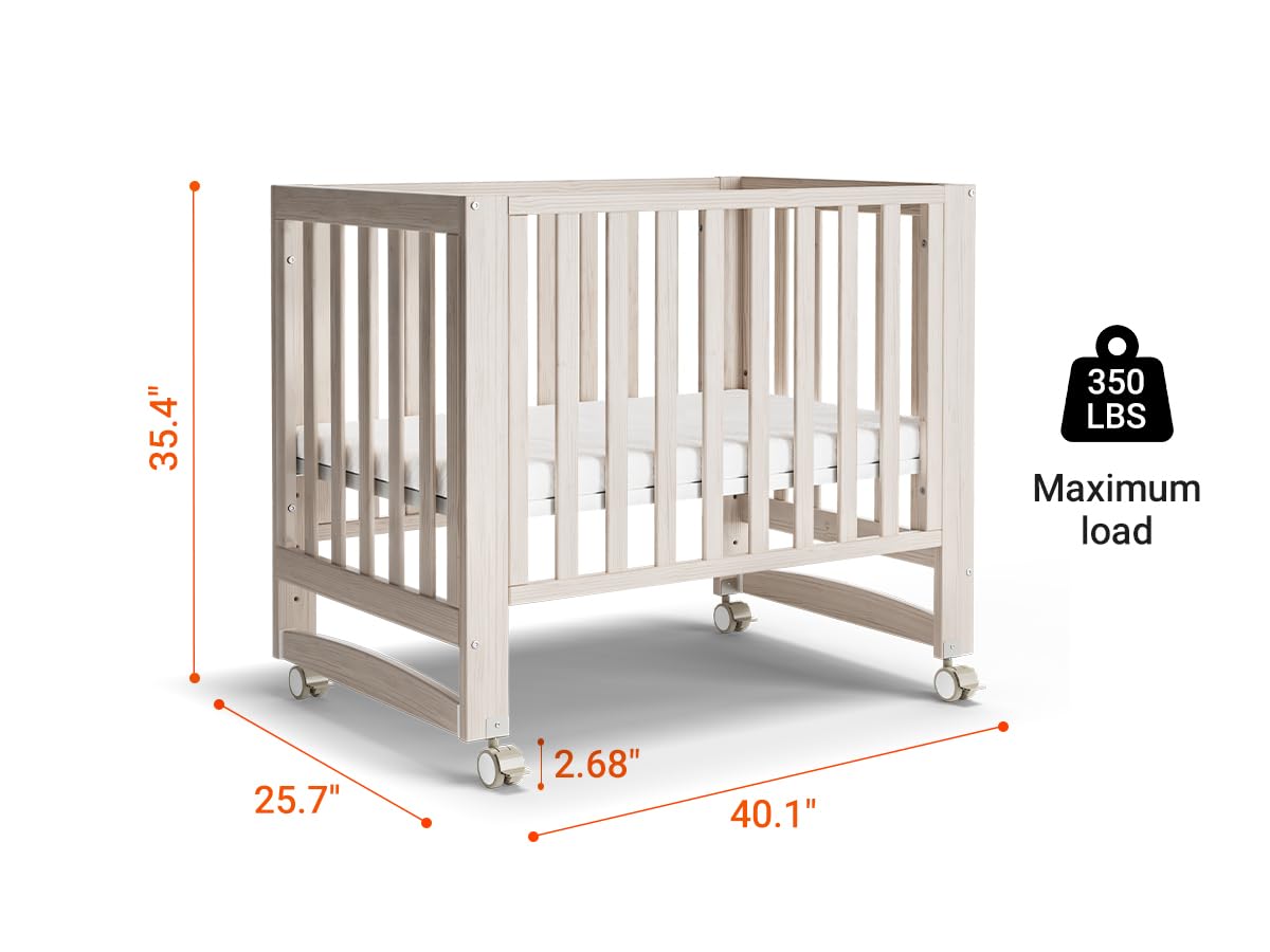 MAMAZING EvoNest Baby Crib, 6 in 1 Convertible Mini Crib with Wheels, 100% New Zealand Pinewood Growing Bed, 4 Adjustable Mattress Heights,Walnut Brown (Washed Natural)