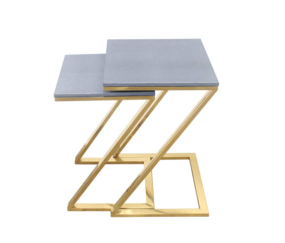 Walter Z-Leg Set of 2 Nesting Tables, Faux Shagreen in Gray with Gold Metal
