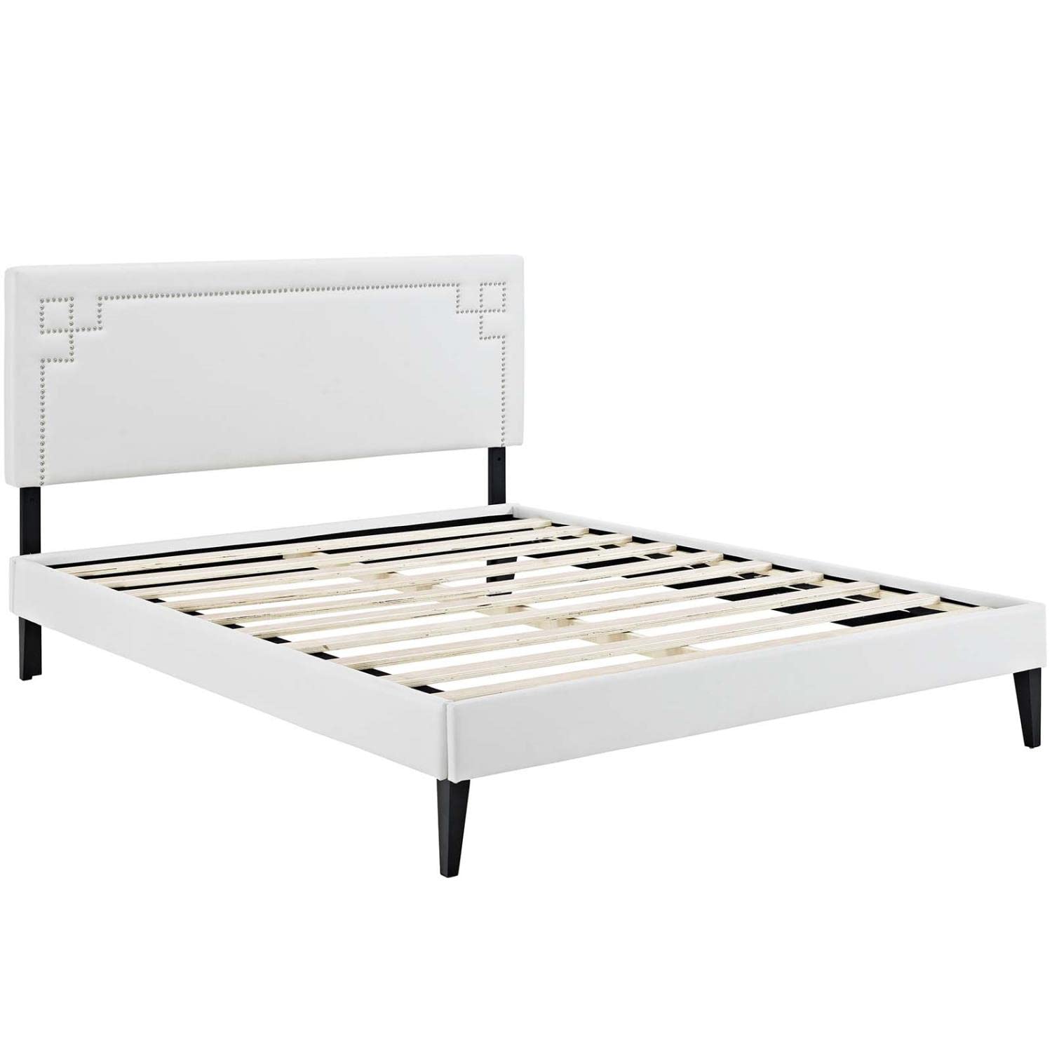Modway Ruthie Faux Leather Upholstered Queen Platform Bed Frame in White With Tapered Legs