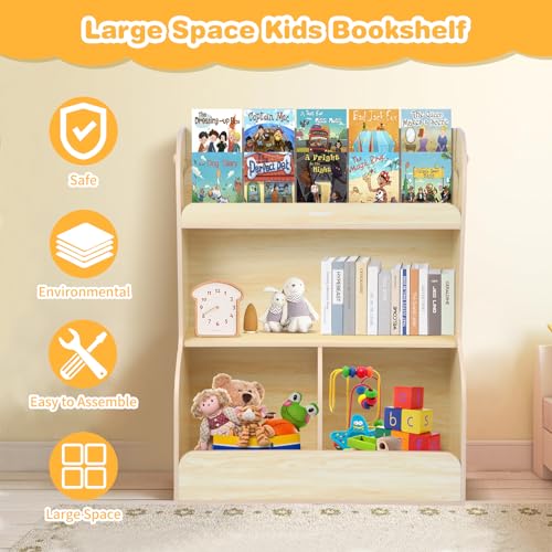 Bookshelf & Montessori Toy Storage Cubby, 3 Tiers Children Wooden Bookcase