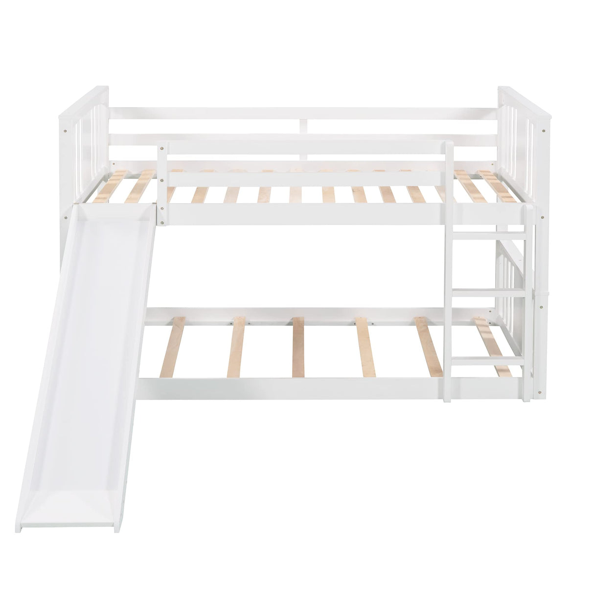 Montessori Floor Bunk Bed Twin Over Twin, Twin Bunk Bed with Slide and Ladder