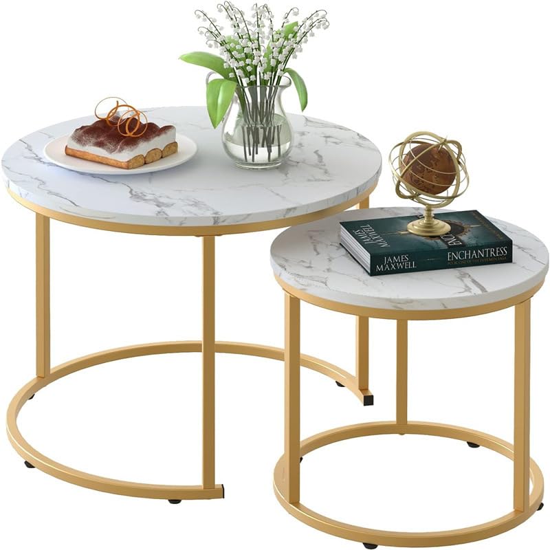 Round Nesting Coffee Tables Set: White Gold Marble Nesting Coffee Table Set of 2
