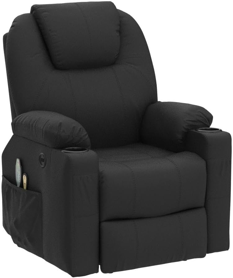 Power Lift Chair Electric Recliner for Elderly Heated Vibration Massage Faux Leather Recliner Chair with 2 Remote Controls, Cup Holders, Side Pockets & USB Ports for Living Room (Black)