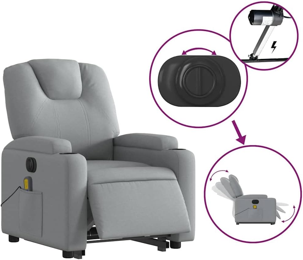 Electric Lift Massage Recliner Chair - Light Gray Fabric, Power Lift-Up & Reclining, 6-Point