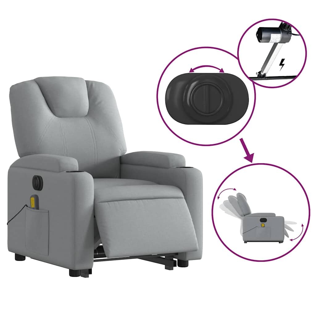 Electric Lift Massage Recliner Chair - Light Gray Fabric, Power Lift-Up & Reclining, 6-Point