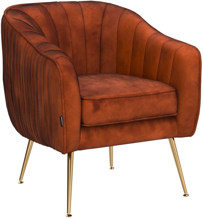 Artechworks Velvet ModernTub Barrel Arm Chair Upholstered Tufted with Golden Legs Accent Club Chair for Living Reading Room Bedroom, Caramel Color Orange