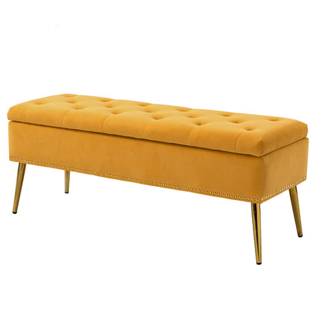 Modern Velvet Storage Ottoman Bench with Gold Base & Nailhead Trim, Upholg Room Dining Room