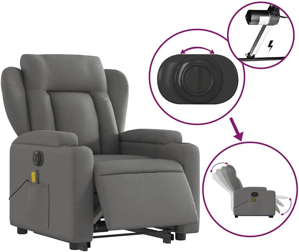 Stand Up Massage Recliner Chair - Dark Gray Fabric, Lift Assist Armchair for Elderly, 135° Recline, 6-Point Vibration, Cup Holders