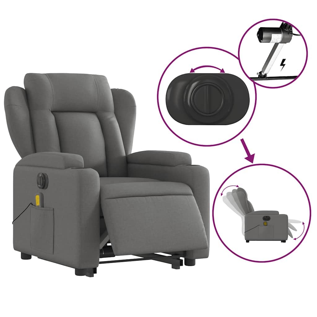 Stand Up Massage Recliner Chair - Dark Gray Fabric, Lift Assist Armchair for Elderly, 135° Recline, 6-Point Vibration, Cup Holders