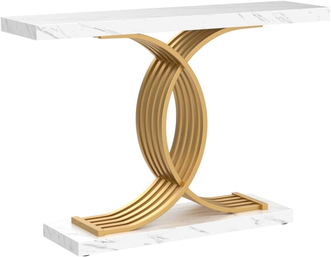 Tribesigns Gold Entryway Table, Modern 39-Inch Console/Accent Table with Geometric Metal Legs, Faux Marble Narrow Wood Sofa Table, Foyer Table for Entrance, Living Room (Gold & White)