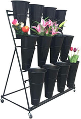 Flower Display Stand, 3 Layers, Black, Metal, Iron, 150 lbs Capacity, 3 Tier, Wheels