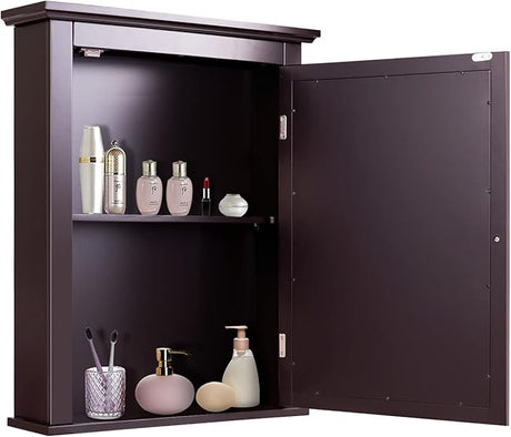 Mirrored Bathroom Cabinet, Wall Mount Wooden Medicine Storage Cabinet w/Single Door