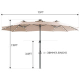 13 ft Large Patio Umbrella with Solar Lights, Double-Sided Outdoor Table Umbrella with Crank,