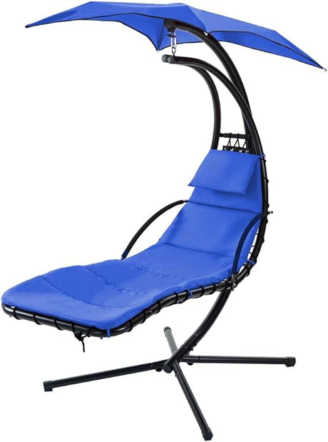 Outdoor Hanging Curved Steel Chaise Lounge Chair Swing w/Built-in Pillow and Removable Canopy, Hanging Curved Chaise Lounge Chair Swing for Patio Porch Poolside, Hammock Chair with Stand (Blue)