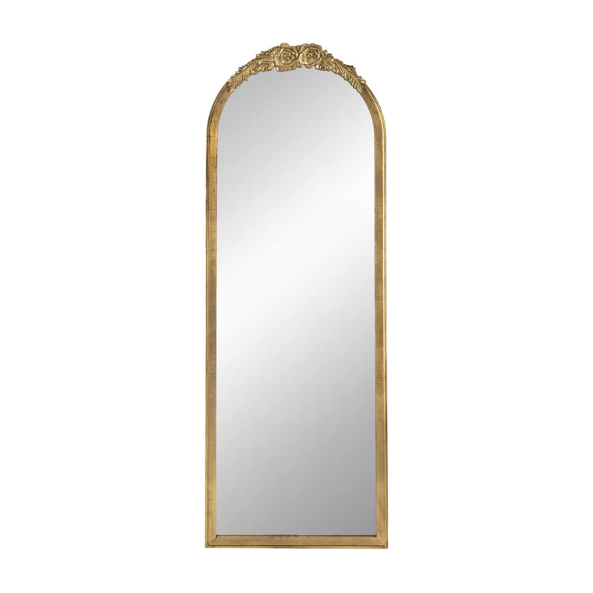 Benjara 56 Inch Tall Arched Floor Mirror, Antique Floral Design, Gold