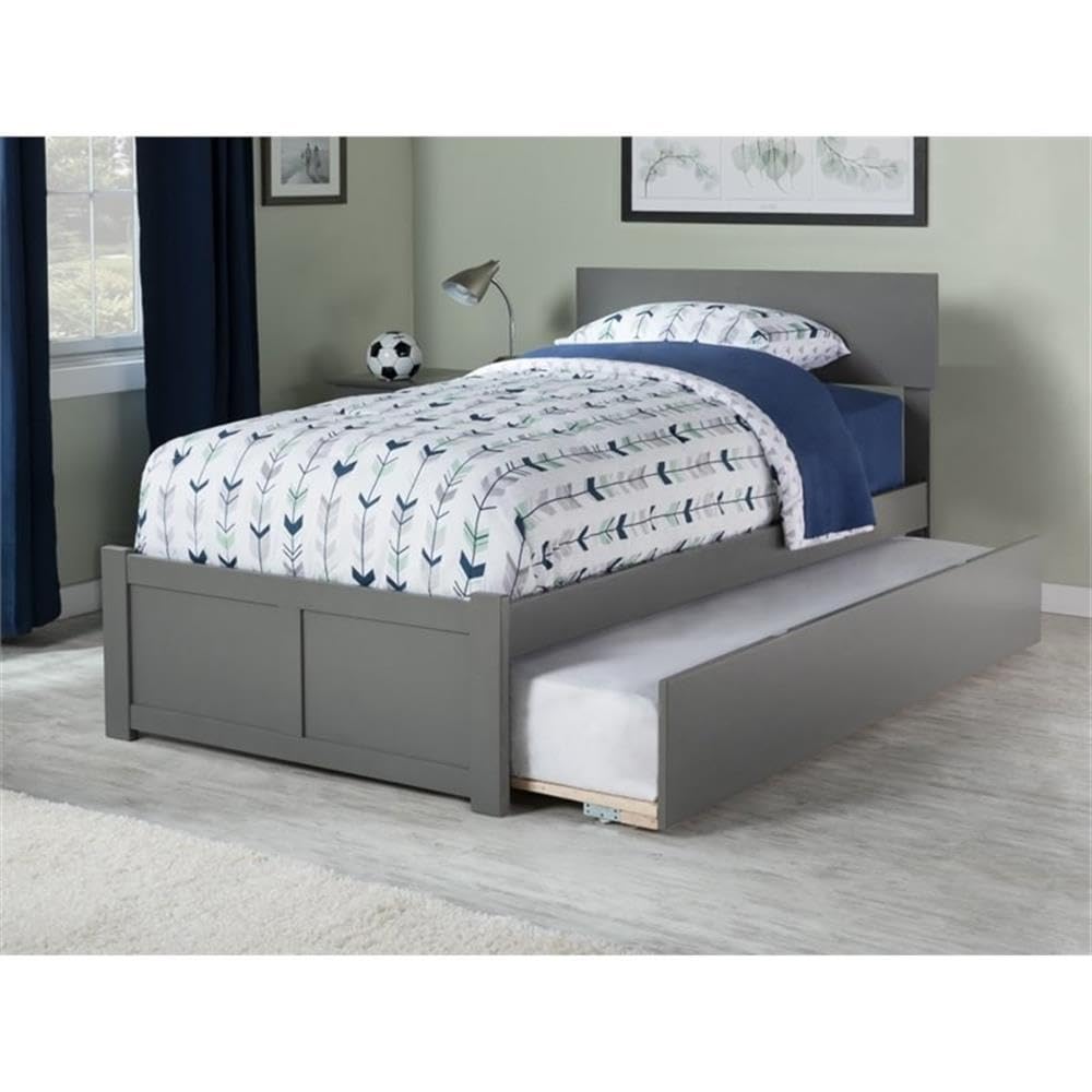 Wood Twin-XL Platform Panel Bed with Trundle in Gray