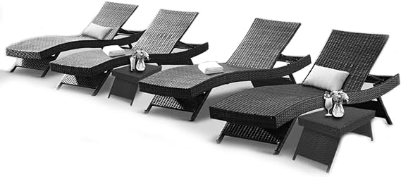PE Rattan Adjustable Backrest Chaise Lounge Set 2 with 1 Side Table