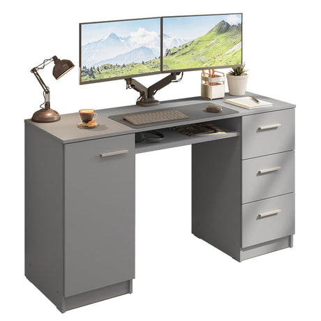 Computer Desk 53 Inch with 3 Drawers 1 Door and 1 Storage Shelf Ergonomic Wooden Home Office Gaming Writing Workstation Study Furniture - Grey