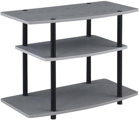 Easy Assembly No Tools Required 32" TV Stand Entertainment Console with 3 Tier Storage Shelves in White and Stainless Steel Clad Finish