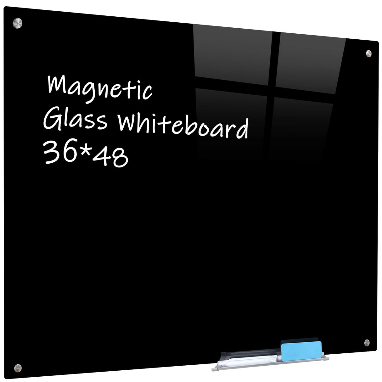 Magnetic Black Glass Board with Eraser Frameless Tempered Glass Dry Erase Blackboard