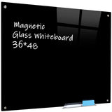 Magnetic Black Glass Board with Eraser Frameless Tempered Glass Dry Erase Blackboard