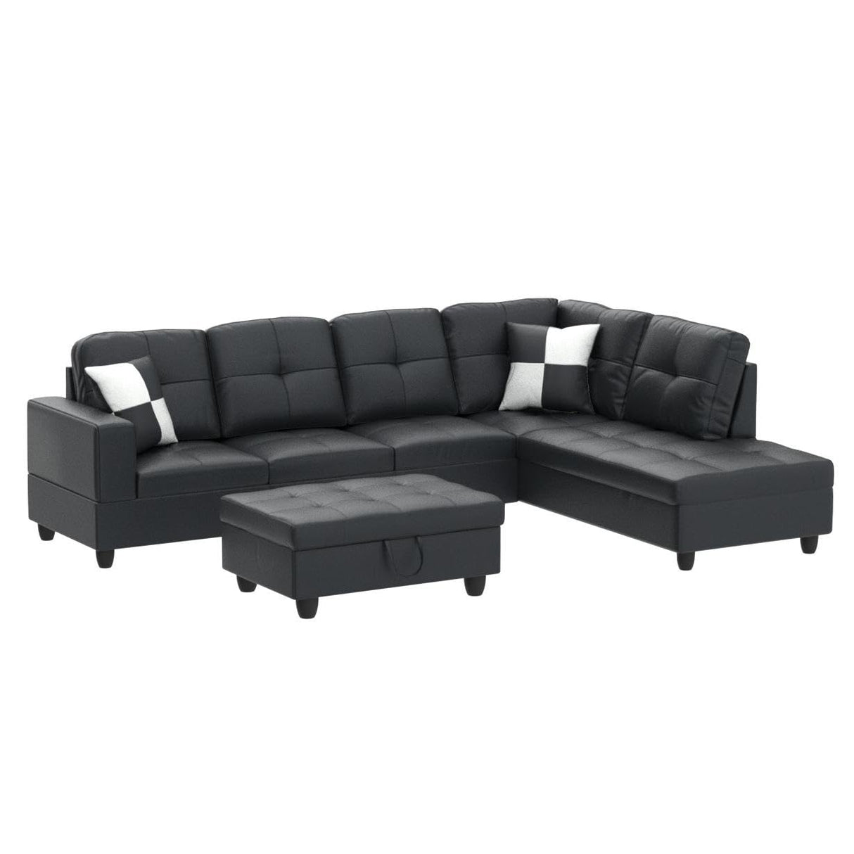 3 Piece Living Room Furniture Sets, L-Shaped Sectional Sofa with Storage Ottoman