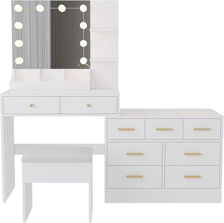 31.5in Large Makeup Vanity with Charging Station Dressing Table with Mirror and 10 LED Light Bulbs Vanity Desk Set