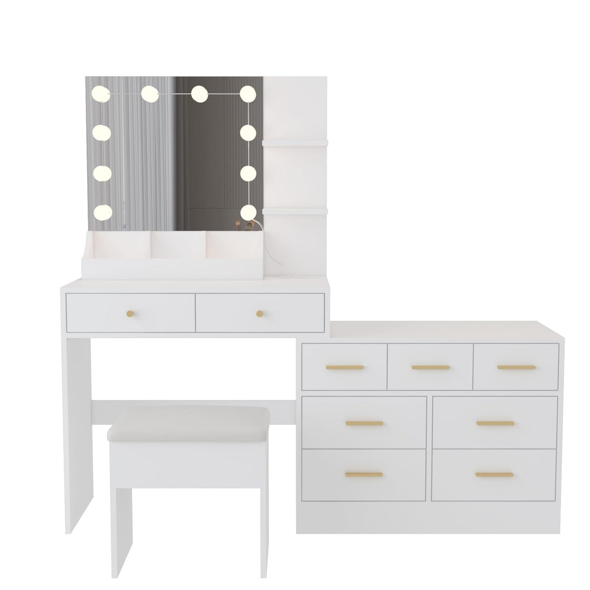 31.5in Large Makeup Vanity with Charging Station Dressing Table with Mirror and 10 LED Light Bulbs Vanity Desk Set