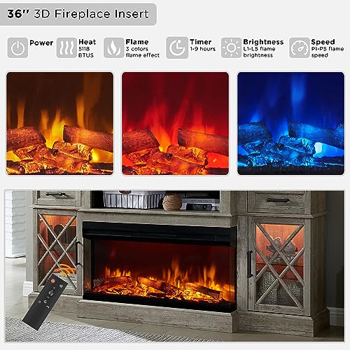 3-Sided Glass Farmhouse Fireplace TV Stand for TVs up to 80'', Highboy Entertainment