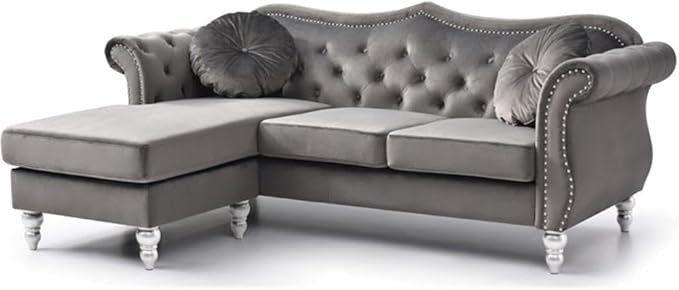 Transitional Velvet Back Tufted Sofa Chaise in Pink