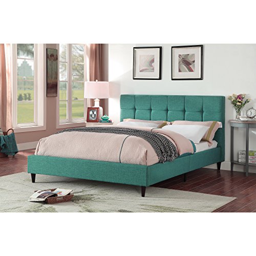 Modern Platform Bedframe With Wooden Slats, King Size, With Square Stitching Tufted