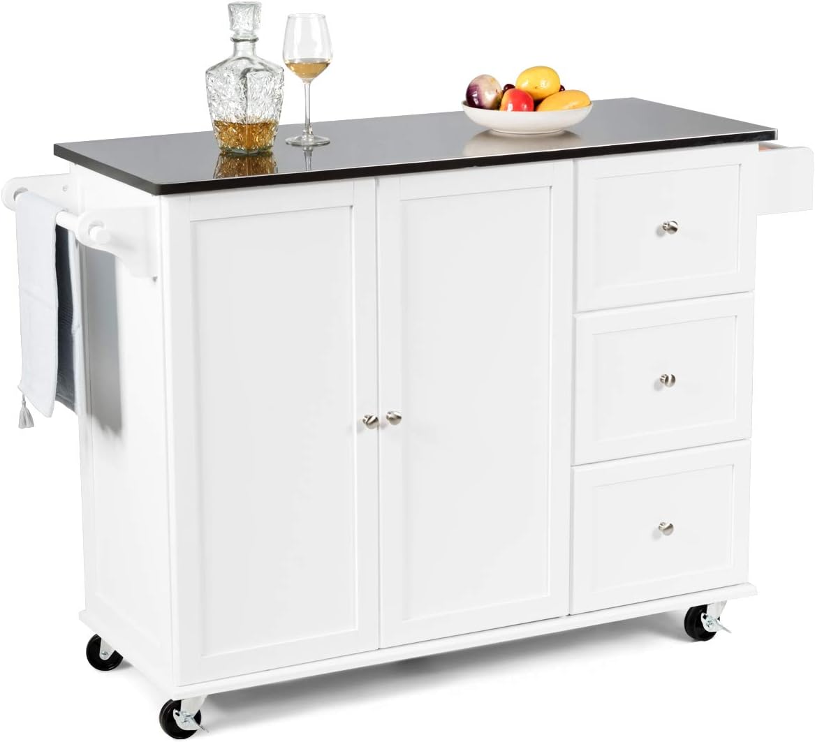 Kitchen Island with Stainless Steel Countertop, Kitchen Cart Rolling Trolley with Towel