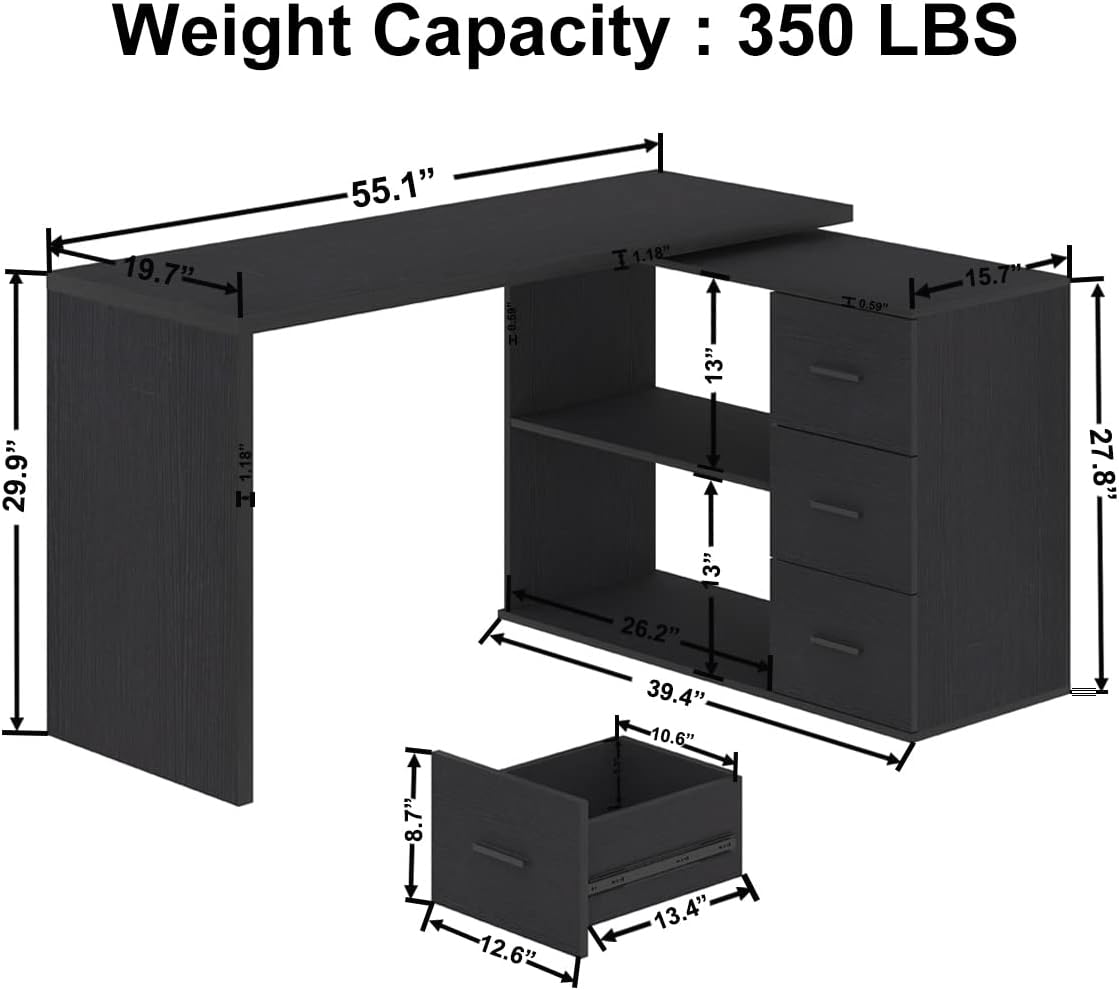 Black L Shaped Desk with Drawers Shelves, 360 Rotating Home Office Desk