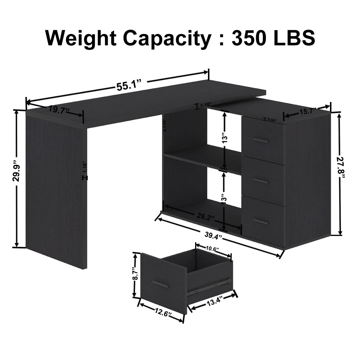 Black L Shaped Desk with Drawers Shelves, 360 Rotating Home Office Desk