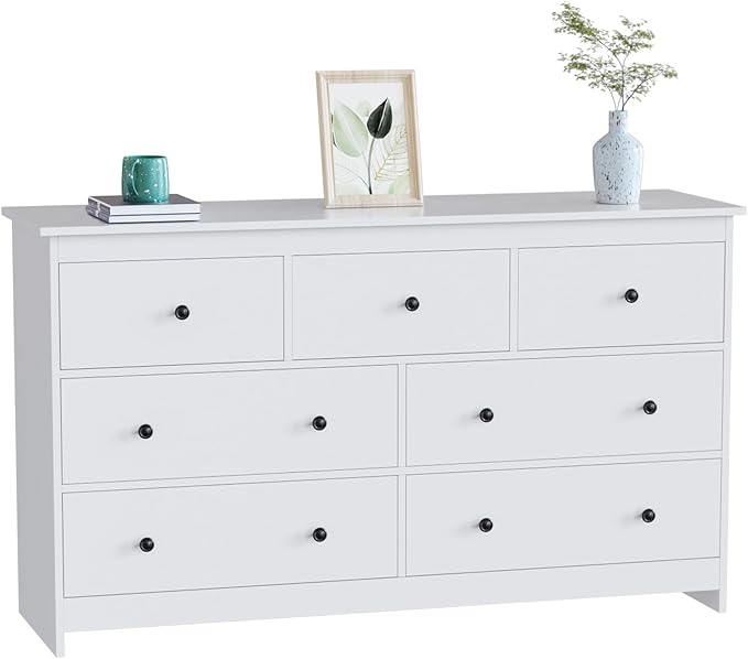 Black Dresser for Bedroom, 7 Drawer Dresser with Wide Drawer and Metal Handles