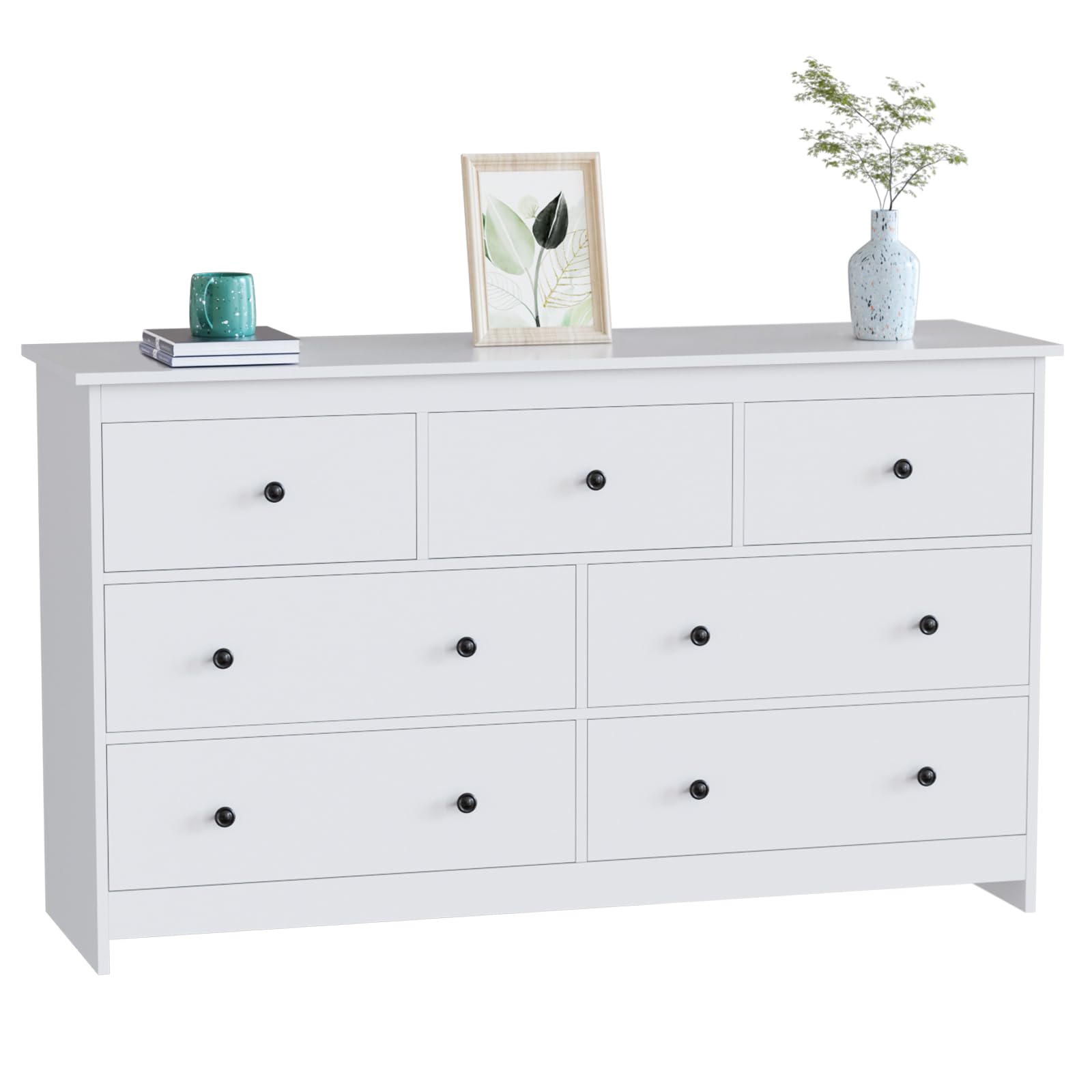 White Dresser for Bedroom, 7 Drawer Dresser with Wide Drawer and Metal Handles