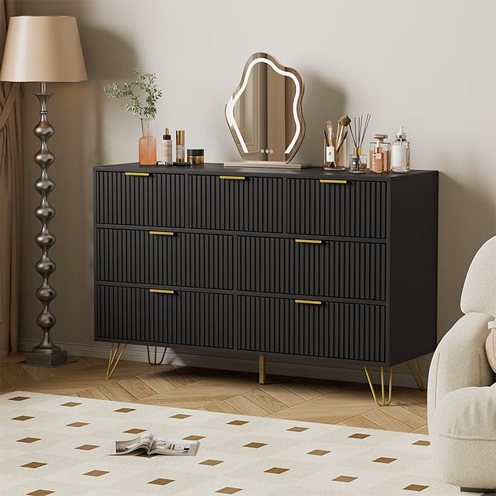 Black Dresser for Bedroom, 7 Drawer Dresser with Gold Pulls and Metal Legs