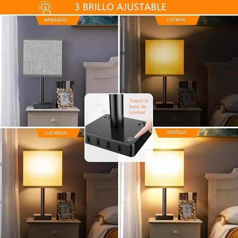 Touch Control USB Table Lamp, 3-Way Dimmable Nightstand Lamp with 4 Fast Charging USB Ports & 2 Outlet,